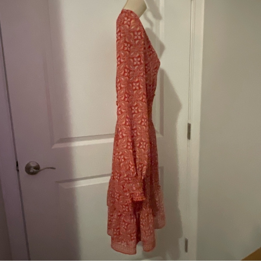 Max Studio London Women's L  Red Boho Paisley Smocked Ruffle dresses - Picture 4 of 15